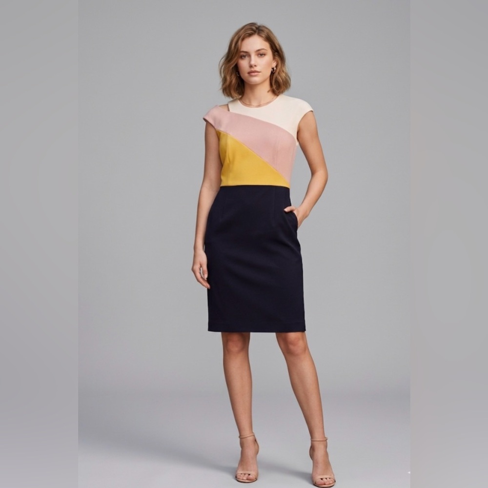 BOSS Hugo Boss Colorblock Sheath Dress Pink Yellow Navy Blue - Size 8